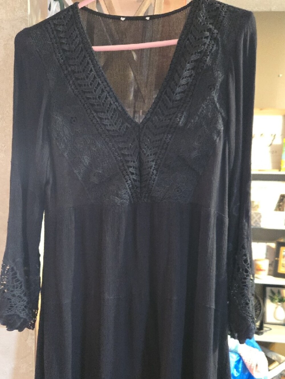 Black Midi Dress with Lace V-Neck